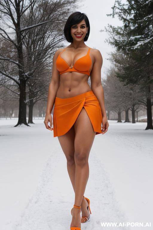 indian, short hair, fit, abs, curvy, muscular arms, big ass, tall, long legs, navel piercing, orange bra, orange pleat skirt, looking at camera, full body, stiletto, in snow - #main