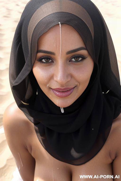moroccan woman, super sun tanned, fluffy curly hair, black hair, tits, totally naked, hijab ((hijab)), facial cumshot for first time, desert - #main