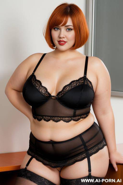 full body photo shot, about at classroom, so fat bbw chubby with love handless and tummy, she is wet and very excited, heart-shaped face, wearing a sexy and hot, orange lace stocking lingeries, leg´s up, short hair. - #main