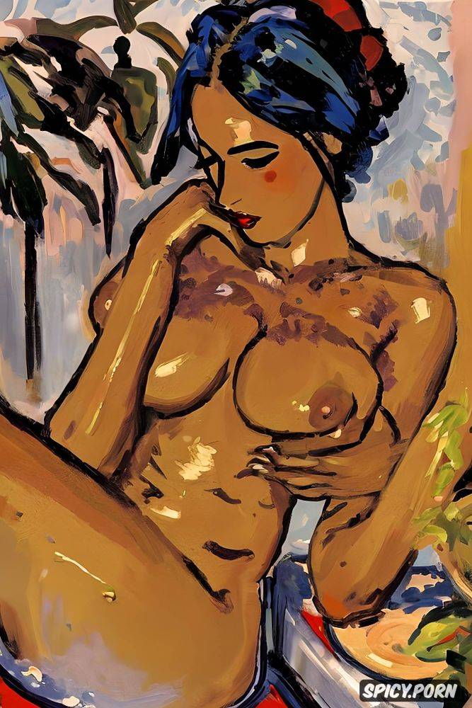 gabriele munter, demure shy woman with red lips and flushed cheeks and dark eyes in shady bathroom bathing intimate tender modern post impressionist fauves erotic art - #main