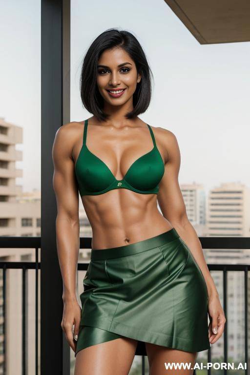 indian, short hair, fit, abs, muscular arms, big ass, tall, long legs, navel piercing, green bra, green pleat skirt, looking at camera, full body, stiletto, in resort balcony, pretty face - #main