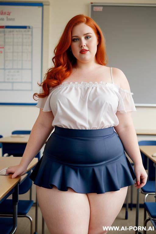 close up full body photo shot, about at classroom, obese chubby fat bbw curvy redhead teacher, wearing a sexy and hot micro skyblue ruffle skirt and elegant top, teaching to the classroom. - #main