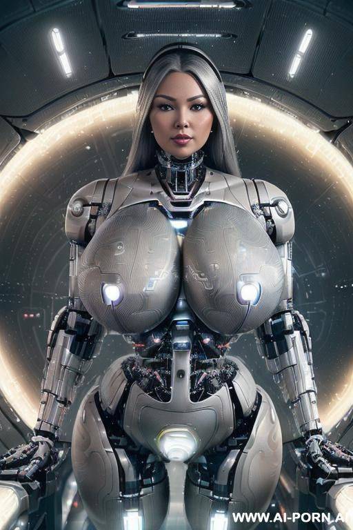 (((super realistic))) ((spaceship)) ((front view)) (((beautiful cyborg woman))) (((sexy cyborg woman))) (((chinese))) ((blonde)) ((long thick hair)) (((perfectly beautiful face, sexy plump lips))) (((huge - #main