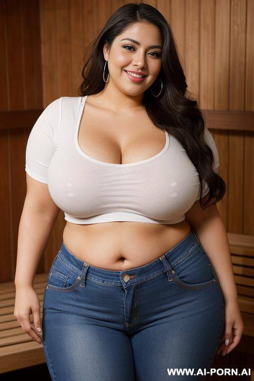 supermodel, mexican, chola style, massive round hips hips, pear shaped, tight jeans, side angle, very chubby, tight white shirt, huge round belly - #main