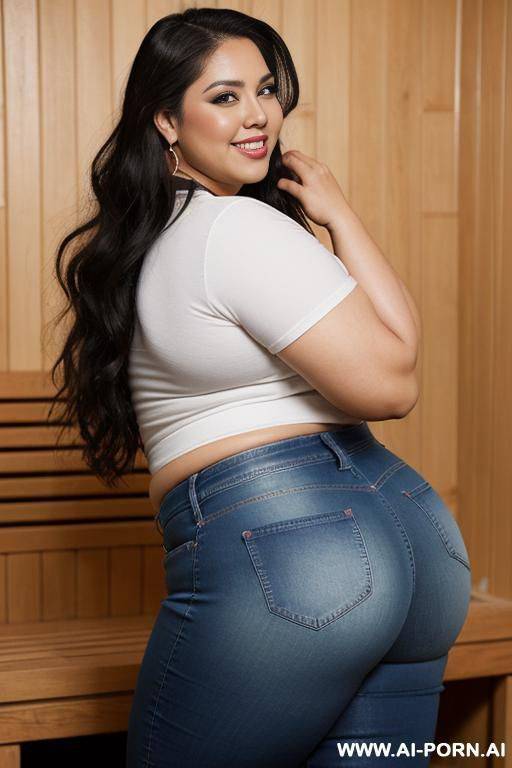 supermodel, mexican, chola style, massive round hips hips, pear shaped, tight jeans, side angle, very chubby, tight white shirt, huge ass - #main