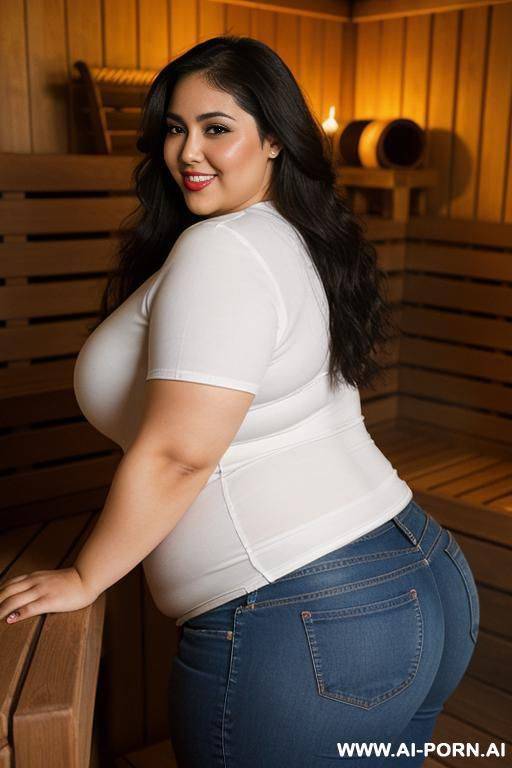 supermodel, mexican, chola style, wide hips, pear shaped, tight jeans, side angle, very chubby, tight white shirt, big butt - #main