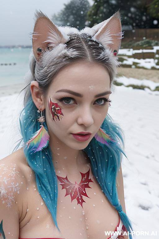 face, sexy, beautiful, ((face painting)), ((bikini as seashell)), ((tattoo roses)), ((eyes shw)), ((angel wings)), ((rainbow hair)), ((long bu hair)), ((wind)), (( cat face)), (( cat ears)), (((feather - #main