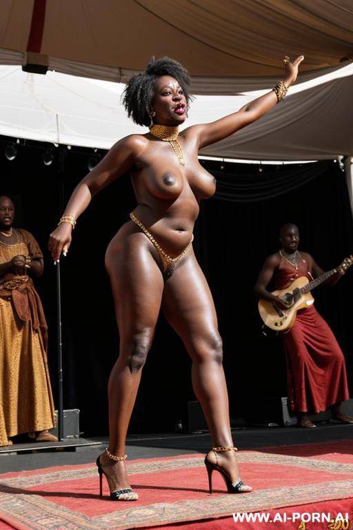 unhappy african mature woman, choker, large saggy tits, short hair, dances naked on a stage - #main