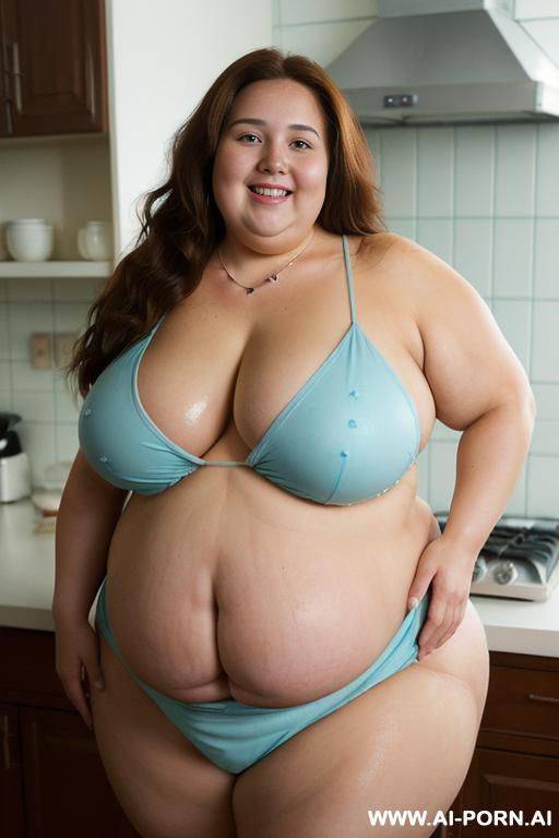 ((wearing tight apron)), ((super fat)), (( face)), ((wide soft body)(, ((very rotund)), (pretty face), (inviting eyes), (very big belly), (necklace), (wide hips), (thick thighs), (long voluminous hair), - #main