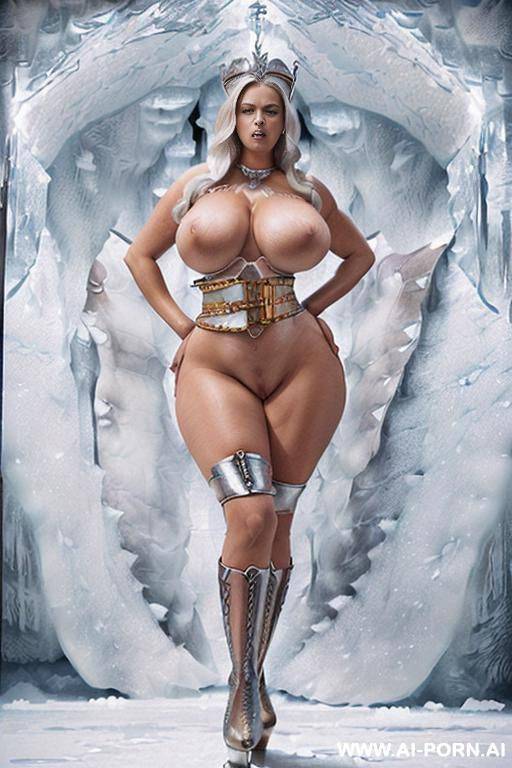 (((realistic look, super realistic))) ((frontal view)) (((snow queen))) ((perfectly beautiful face)) ((sexy beautiful plump lips)) ((lips painted red)) ((long straight hair)) (((white hair))) (((huge - #main