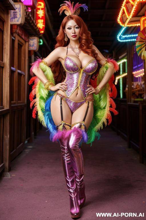 europa milf, , rainbow feather studed bright diamond transparent corset，feather tutu skirt， mesh robe， rainbow sequin bra ,necklace，rainbow large pointed thigh-high boots - #main