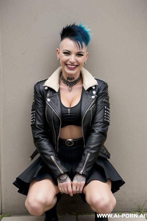 punk woman, mohawk, squatting next to wall. short skirt, jacket - #main