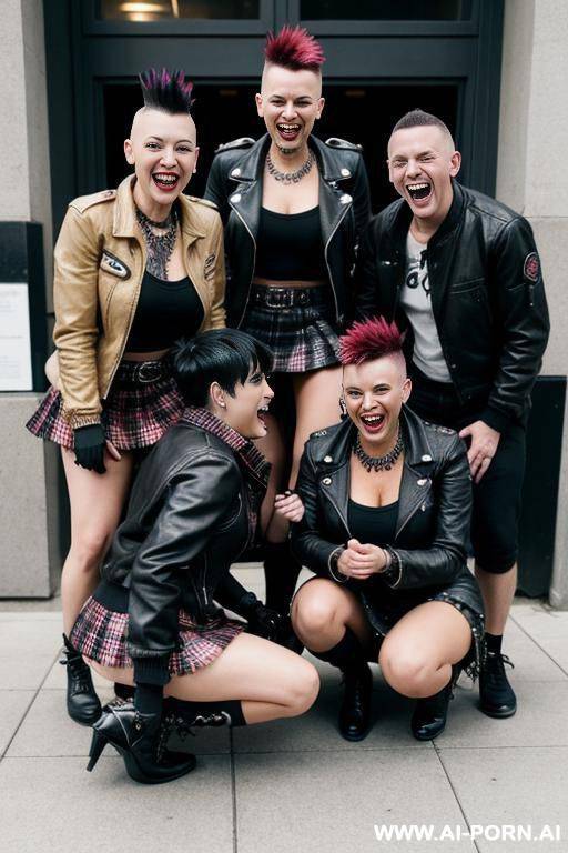 punk woman, mohawk, squatting next to group of people. short skirt, jacket - #main