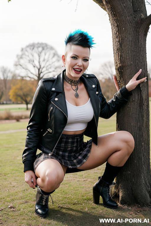 punk woman, mohawk squatting in front of tree, short skirt, jacket - #main