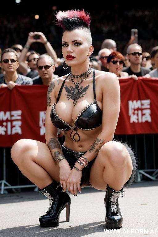 punk woman, mohawk, squatting next to crowd of people - #main