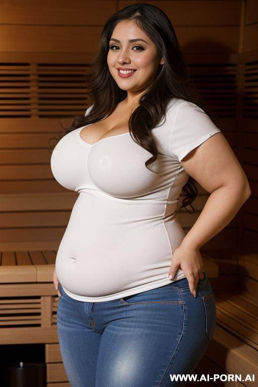 supermodel, mexican, chola style, massive round hips hips, pear shaped, tight jeans, side angle, very chubby, tight white shirt, huge round belly - #main