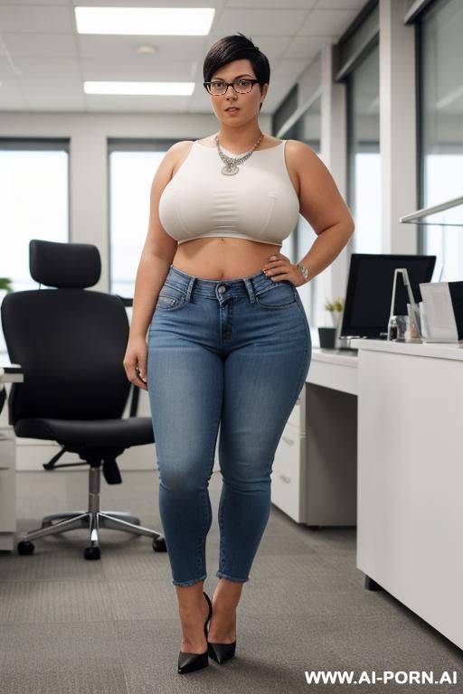 chubby woman, hourglass figure, short silver hair, big boobs, tight short jeans, high heels, crop top, camera full body view, office, eyeglasses, - #main