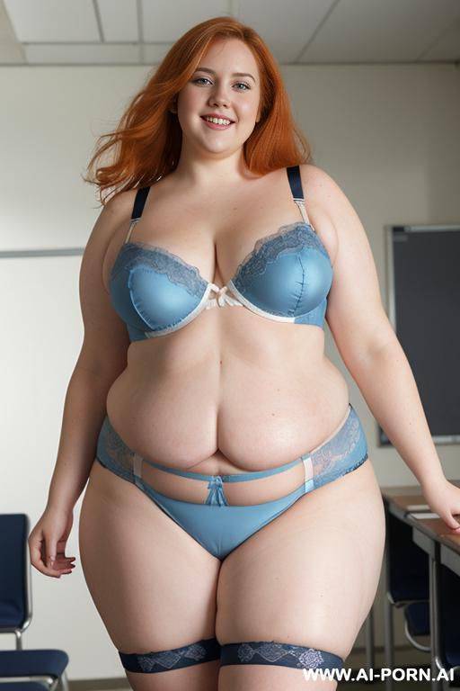 full body photo shot, about at classroom, ((((obese)))) fat bbw curvy teacher, wearing a sexy and hot micro lightblue garter belt lingerie and topless, (((dynamic angle photo))) - #main