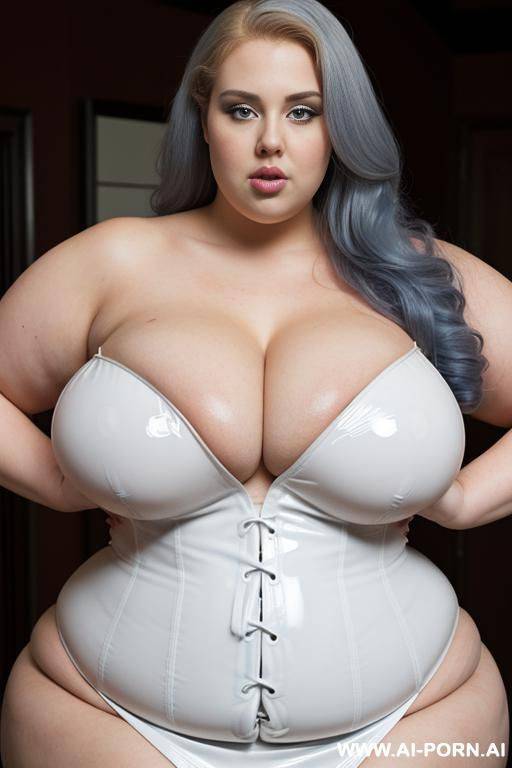 a white obese fat woman with gigantic huge boobs, ginger hair, in blue latex corset mastrubating a ebony obese fat woman with gigantic huge boobs, white hair, in white latex nightgown. - #main