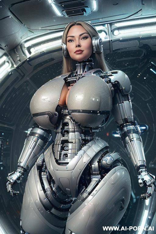 (((realistic look, super realistic))) ((spaceship)) ((front view)) (((beautiful cyborg woman))) (((sexy cyborg woman))) (((chinese))) ((blonde)) ((long thick hair)) (((perfectly beautiful face, sexy plump - #main