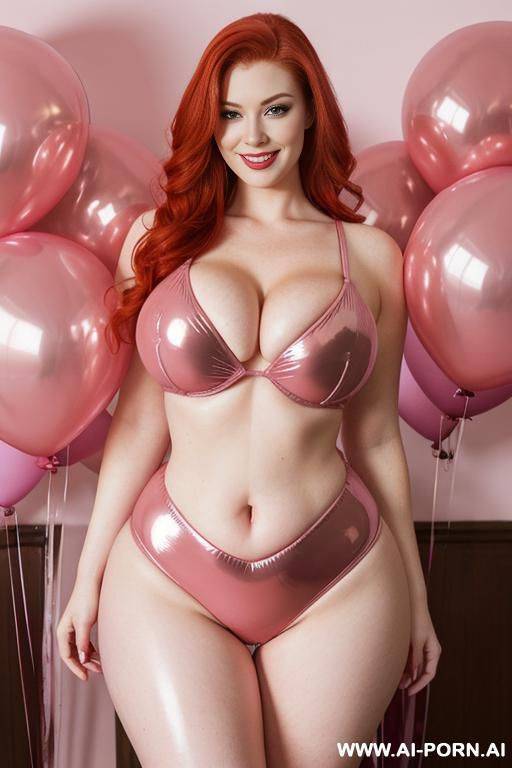 sexy redhead woman, beautiful face, seductive smile, huge chest, wide hips, hourglass figure, no body fat, pink latex suit, cleavage, room full of pink balloons - #main