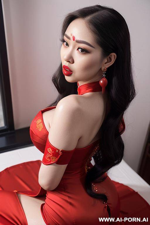 red qipao, raised eyebrows, ass shot, (((raised eyebrows))) (ahegao) (((gorgeous model))) (((full lips))) (hoop earrings) (((hourglass figure))) (((long flowing hair))) ((very pretty face)) - #main