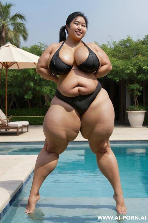 vietnamese, beautiful, black hair, ponytail, happy, boobs, breasts, topless, panties, tits, standing, pool, (((huge massive gigantic obese bulked up thighs))) - #main