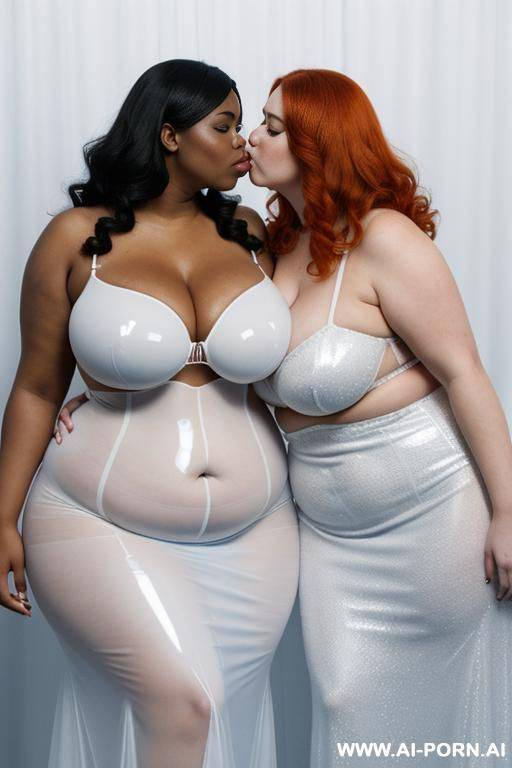 a white obese fat woman with gigantic huge boobs, ginger hair, in transparent blue latex ballgown kissing a ebony obese fat woman with gigantic huge boobs, white hair, in transparent white latex ballgown. - #main