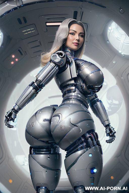 (((realistic look, super realistic))) ((spaceship)) ((front view)) (((beautiful cyborg woman))) (((sexy cyborg woman))) (((chinese))) ((blonde)) ((long thick hair)) (((perfectly beautiful face, sexy plump - #main