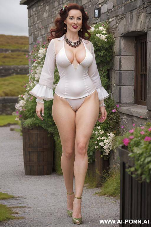 mature, milf, perfect hourglass figure, smiling, eye contact, looking into camera, necklace, earrings, stilettos, holding a long stem rose, wearing flowers, walking, totally naked, showing off pussy - #main