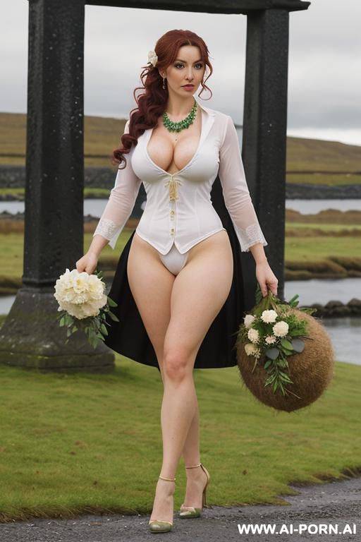 mature, milf, perfect hourglass figure, eye contact, looking into camera, necklace, earrings, stilettos, holding a long stem rose, wearing flowers, walking, showing off boobs, black hair - #main