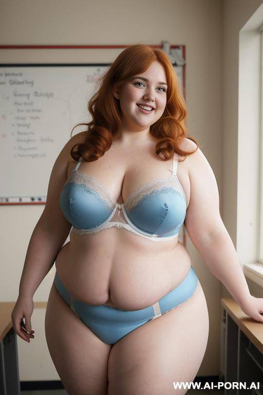 full body photo shot, about at classroom, ((((obese)))) fat bbw curvy teacher, wearing a sexy and hot micro lightblue garter belt lingerie and topless, (((dynamic angle photo))) - #main