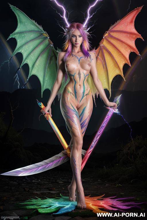 extremely tall supermodel cutie, slender, skiny, completely naked, super long legs, ((very long hair)), goddess of lightning, ((whole body covered in lightning)), bad weather, epic, (((fantasy rainbow - #main