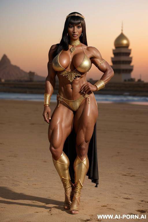 busty black muscular woman toned with gigantic breast implants. gold tall lace high heels. (big bell shaped boobs). gold choker, earrings, ankle chain, thigh chain. oiled. punk hairstyle. no bra. - #main