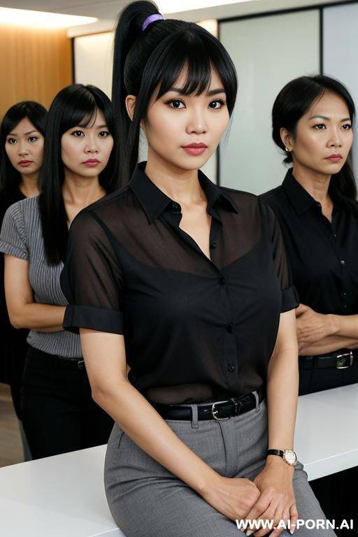 thai woman, black hair with bangs and a ponytail, shocked face. arms crossed and leaning ford. looking into the camera. spectators (fully clothed) taking photos of the woman in the background. office setting. - #main