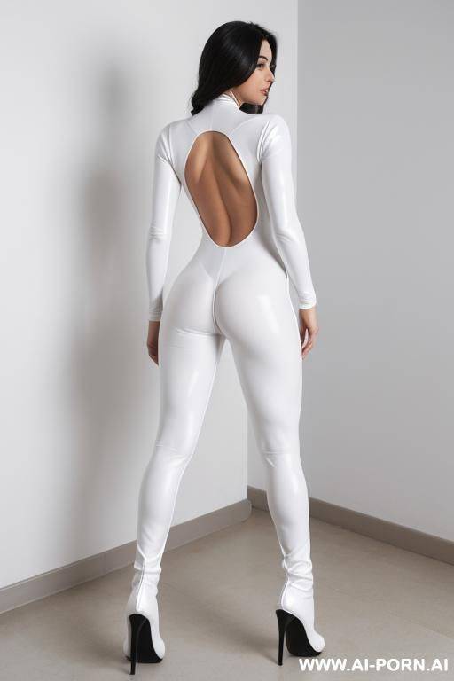 wearing tight white catsuit, bare feet, hd, k, wearing high heel ankle boots - #main