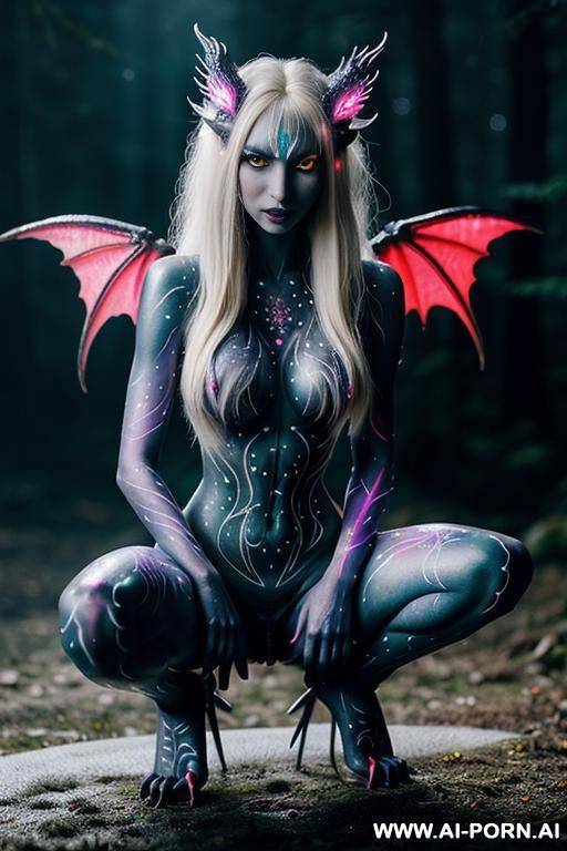 extremely tall supermodel cutie, slender, skiny, completely naked, super long legs, ((very long hair)), goddess of light, ((whole body covered in light)), dark forest, epic, fantasy glowing wings, - #main