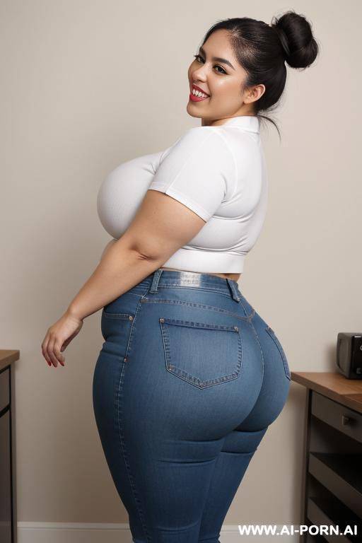 mexican, extremely plump, pear shaped figure, inside pod, hooked up to intravenous, wide hips, lab, wearing oculus rift, side angle, tight high rise jeans, white shirt - #main