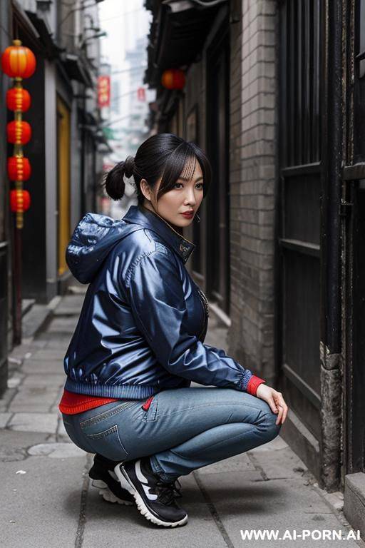 chinese milf woman squatting in alley, outdoorjacket, jeans, side-view - #main