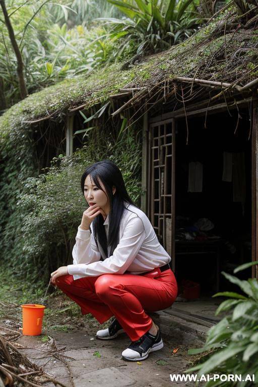 chinese woman squatting in messy undergrowth, pants, side-view - #main
