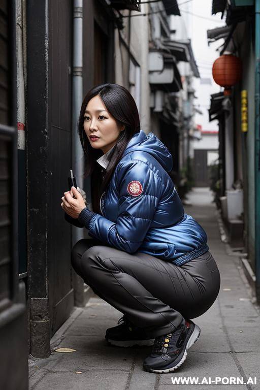 chinese milf woman squatting in alley, outdoorjacket, pants, side-view - #main