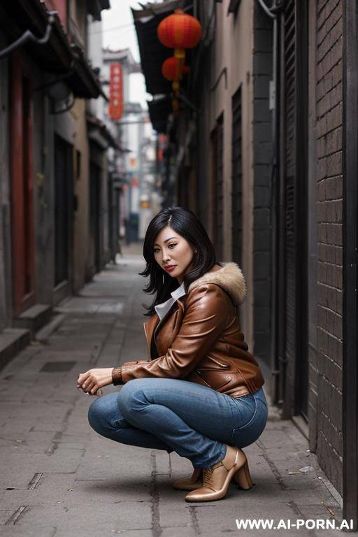 chinese milf woman squatting in alley, brown jacket, jeans, side-view - #main