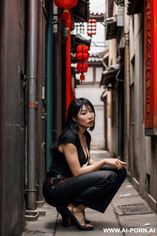 crouching in alley, pants, - #main