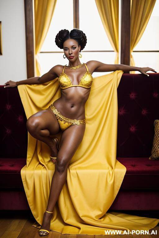 realistic tanzanian woman, happy, curly updo hair, beautiful natural boobs, beautiful natural body, red and yellow-gold african royal robes, white african royal lingerie, in a harem, on a couch - #main