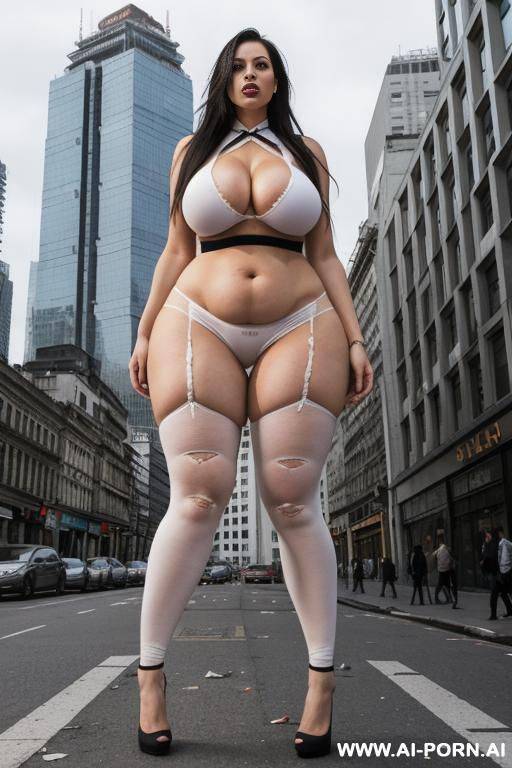 full body view. extremely tall english growing giantess bursting through her ripped to shreds shrunken clothes that are too tight. bulging out of clothes that are too tight, shrunken and in tatters. smashing through the city. taller than the city - #main
