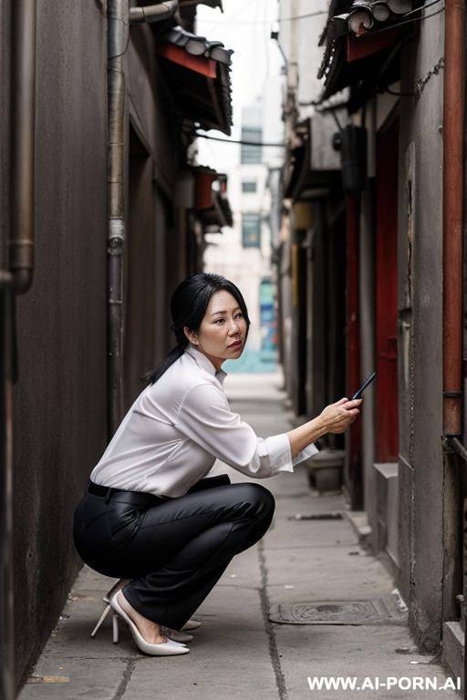 mature crouching in alley, shirt, pants - #main