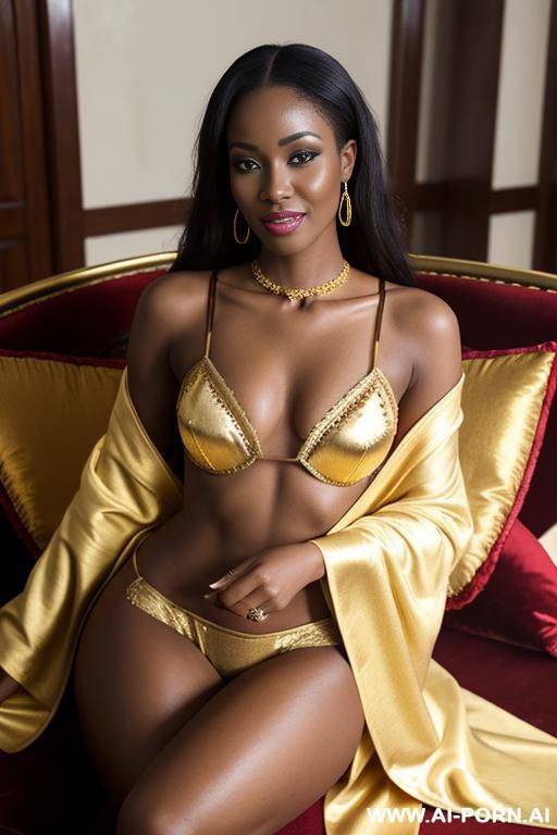 realistic tanzanian woman, happy, beautiful natural boobs, beautiful natural body, red and yellow-gold royal robes, white royal lingerie, in a harem, on a couch - #main