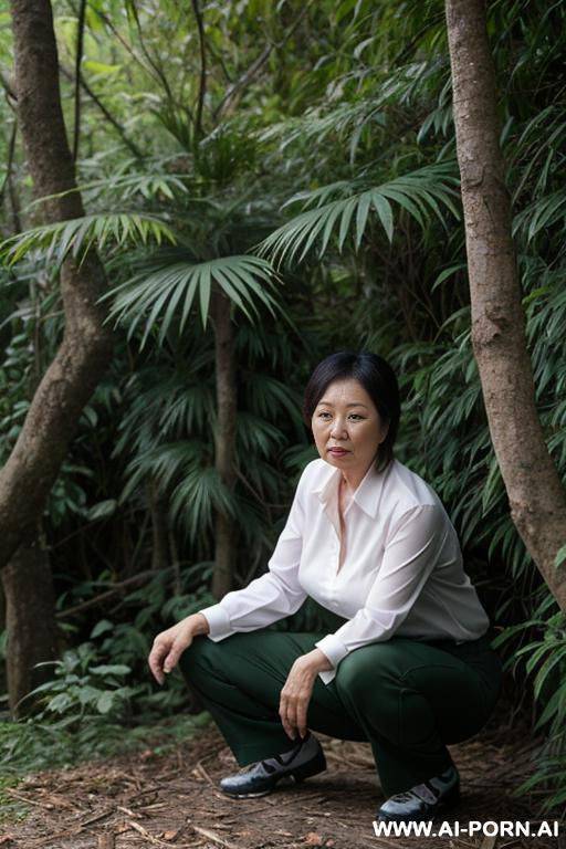 mature crouching in underbrush, shirt, pants - #main