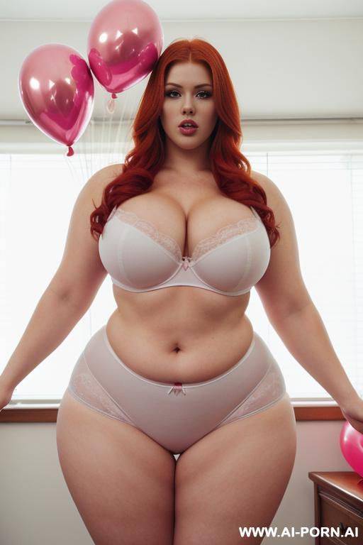 sexy redhead woman, beautiful face, wide hips, hourglass figure, huge massive obese bulked up thighs, white sexy underwear, room full of pink balloons, massive legs - #main