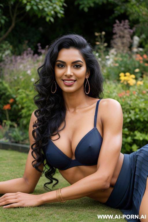 indian, fit, abs, muscular arms, big ass, tall, long legs, navel piercing, navy blue bra, navy blue pleat skirt, looking at camera, full body, stiletto, in garden, side view, lying down - #main